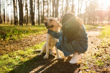 Büyük köpeğe sarılan neşeli kızın portresi. Sevgili Labrador 'u ile birlikte açık havada vakit geçiren genç bir kadın.