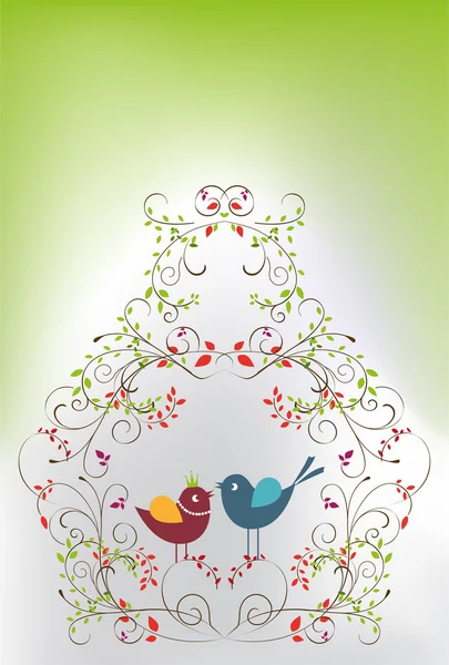 Rama de primavera con jaula de aves y aves — Vector de stock