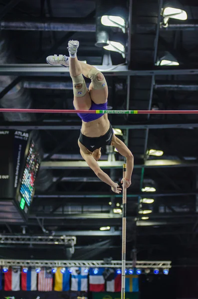 DONETSK,UKRAINE-FEB .09: Nikoleta Kiriakopoulou - The greek pole vaulter on Samsung Pole Vault Stars meeting — Stock Photo, Image