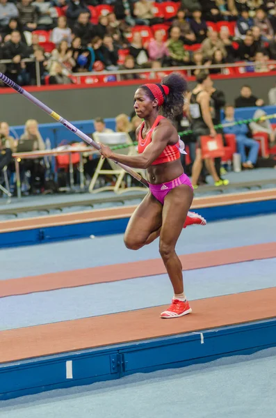 Donetsk, Ukrayna-Şub. 09: yarisley, silva - sırıkla yüksek atlama Olimpiyat Oyunları 2012 gümüş ödül-kazanan alır yayınlanmaya başlaması ile samsung bir direğe toplantı sırıkla atlama yıldız