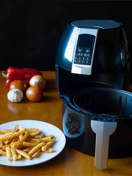 Open Air Fryer Basket Table French Fries Vegetables Healthy Food — Stock Photo, Image