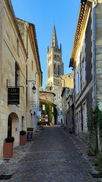 Cobbled Shopping Street Bell Tower Saint Emilion Church France Translation — Stock Photo, Image