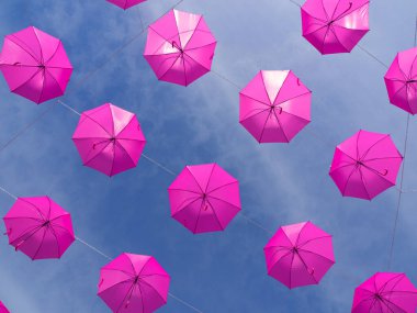 Göğüs kanseri farkındalığını desteklemek için pembe şemsiyeler. Kanser kavramı.