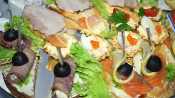 Piatto Con Deliziosi Spuntini Deliziosi Spuntini Pesce Carne Piatto — Video Stock