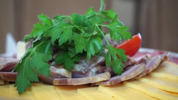 Sliced Meat Cheese Greens Tomatoes — Stok video