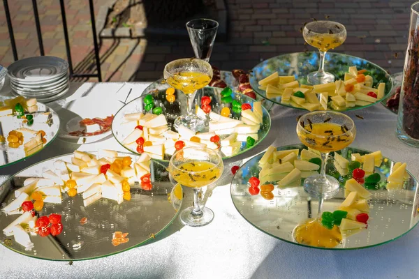 Various Delicacies Banquet Table Glasses Honey Eaten Wasps — Fotografia de Stock