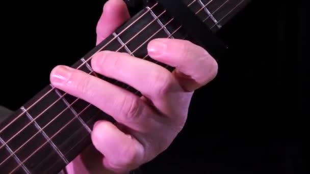 Man Plays Guitar Fingers Musician Fretboard Guitar Close — Stock Video