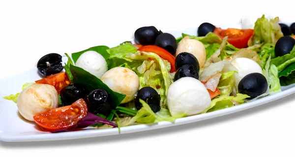 Isolated Plate Salad White Background Salad Quail Eggs Greens Tomatoes — Fotografia de Stock