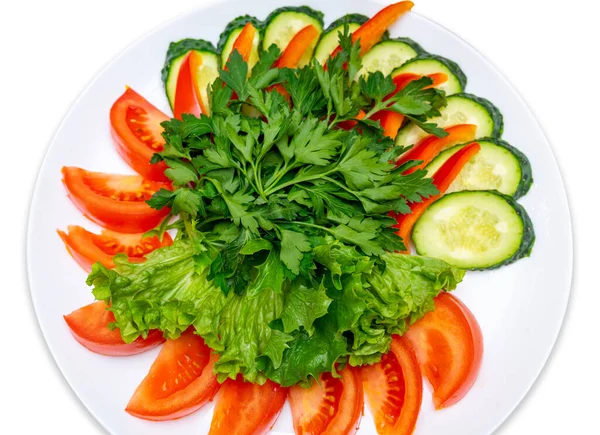 Sliced Tomatoes Cucumbers Red Pepper Garnished Parsley Lettuce Fresh Vegetables — Fotografia de Stock