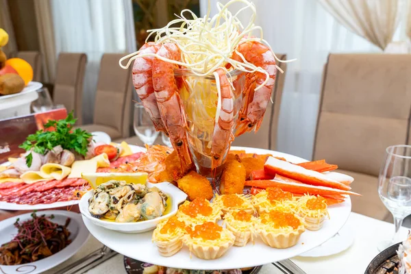 Table Served Seafood Restaurant Red Fish Crayfish Red Caviar Various — Photo