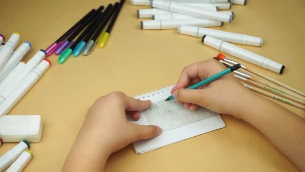 Girl Writes Pencil Stencil Back School View — Vídeos de Stock