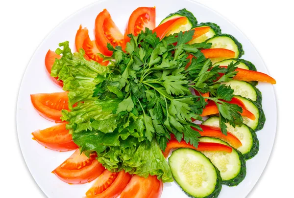 Sliced Tomatoes Cucumbers Red Pepper Garnished Parsley Lettuce Fresh Vegetables — Stockfoto