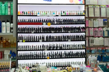 A variety of cosmetics and accessories for women on a shelf in a store. Ukraine, Vinnytsia, May 26, 2020
