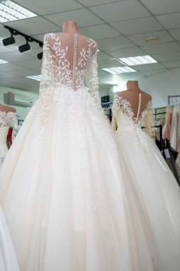 Beautiful bride's dress, rear view. Wedding dress shop.