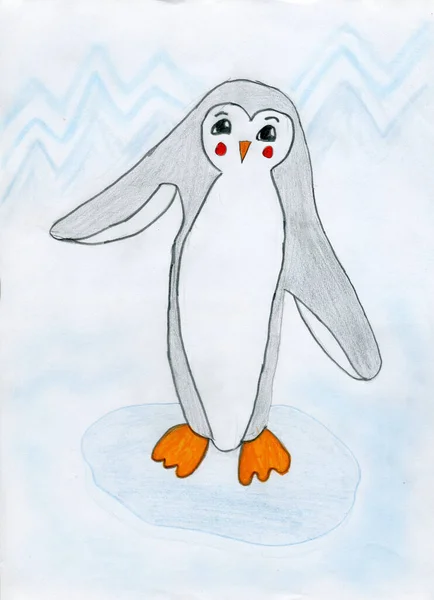 Children\'s drawing of a small penguin with a black back and orange paws. The child drew a penguin with colored pencils.