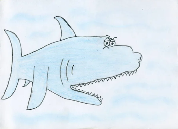 Children\'s drawing of an old and sad shark. The child drew a shark with sharp teeth