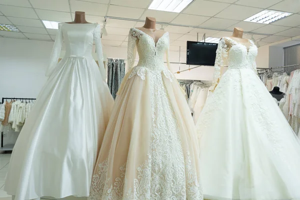 Three Chic Wedding Dresses Mannequins Three Different Models Beautiful Wedding — Photo