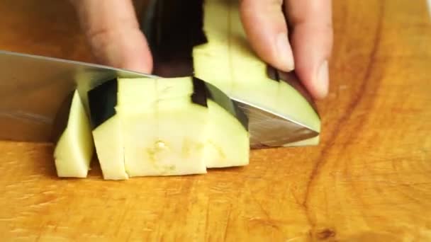Woman Cuts Large Eggplant Small Pieces — Vídeo de Stock