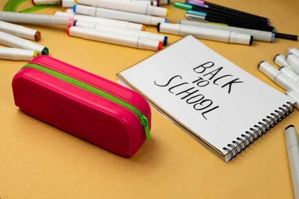 Back School Written Black Marker White Notebook School Background School — Zdjęcie stockowe