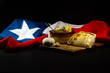 empanadas and pebre, traditional food of national holidays in Chile, background the Chilean flag clipart