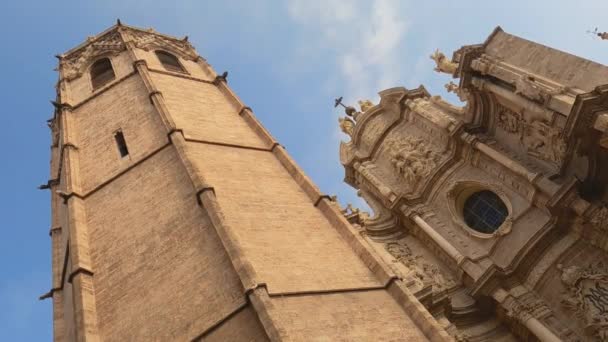 西班牙瓦伦西亚 在游客观摩瓦伦西亚大教堂时 一个垂直平底锅的视频和一位导游解释了教堂的特点 — 图库视频影像