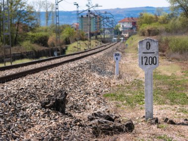 Demiryolu sinyalinin (0) düşüşünü, tren yolunun yanındaki metre (1200) uzunluğunu ve güneşli bir günde katenarerin ısı yaydığını gösteren yükseklik değişimi postası (demiryolu sinyali)