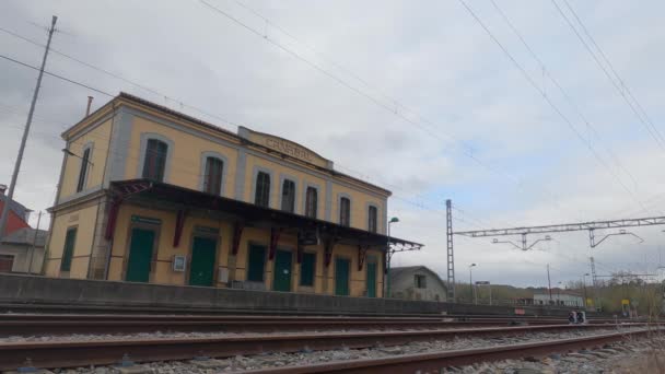 西班牙卢戈 卡纳瓦尔 2022年7月4日 在多云的一天 由一家列夫公司火车头牵引的货运列车穿过卡纳瓦尔车站和车站大楼 — 图库视频影像