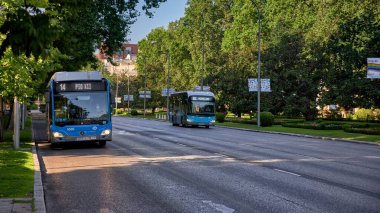 Madrid İspanya; 06-29-2022: Madrid 'de bir sokakta iki mavi kamu otobüsü trafiğe kapalı ve sadece kamu hizmetlerinin geçişine izin veriyor