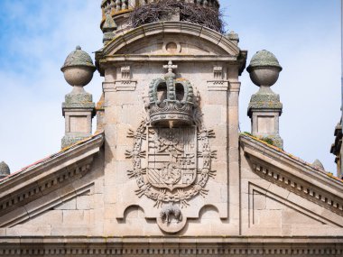 Monforte de lemos, Lugo, Spain; 3-13-22; Royal coat of arms, old coat of arms of Spain, located in the highest area of the faade of the school of Nuestra Seora de la Antigua in Monforte de Lemos