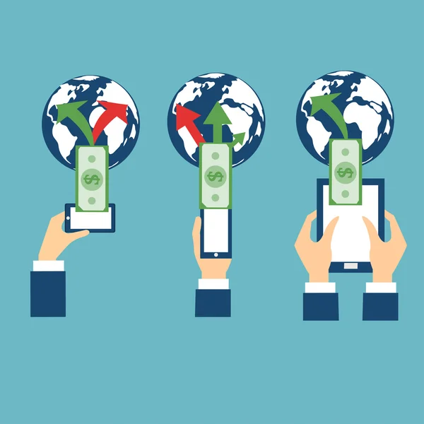 Vector online bankieren concept - betalen en ontvangen van geld met behulp van mobiele telefoon — Stockvector