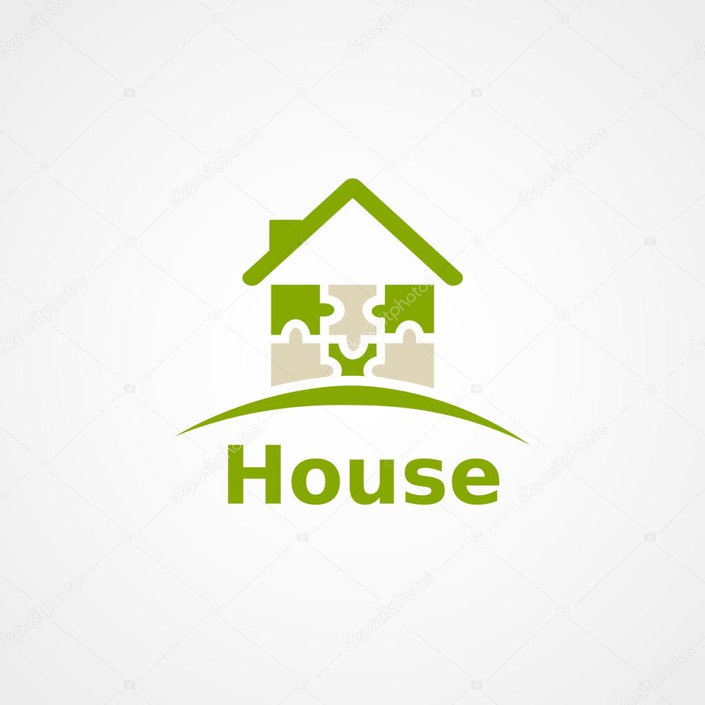 Green home icon on white background, puzzle house