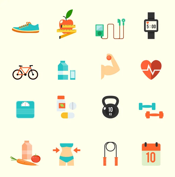 Fitness en gezondheid pictogrammen met witte achtergrond — Stockvector