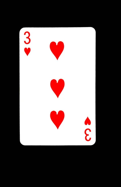 Three of Hearts Playing Card on Black Background — Stockfoto