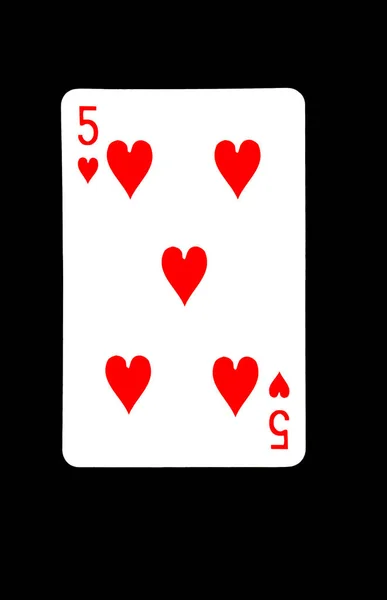 Five of Hearts Playing Card on Black Background — стокове фото