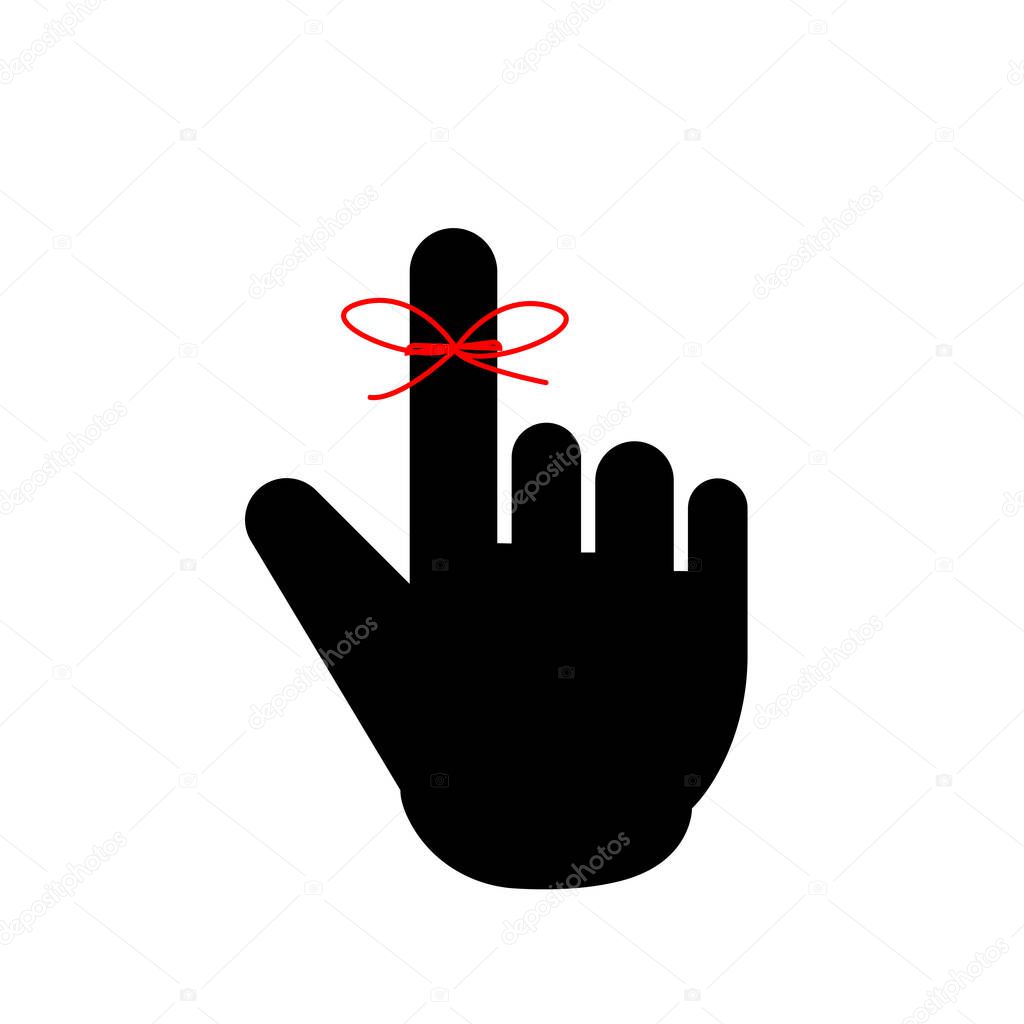 Reminder icon. Hand with finger on which is tied ribbon bow