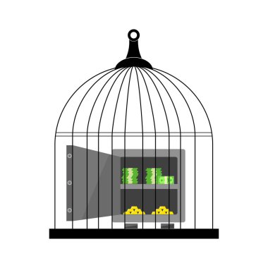 Altın para ve banknotlarla dolu bir kuş kafesi. Para kutusunda dolar tasarruf ediliyor. 