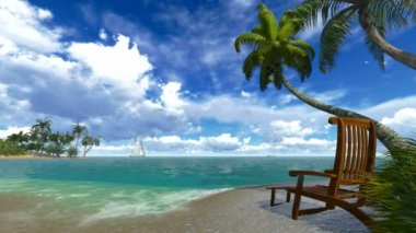 palmiye ağaçları ve tropik bir plajda şezlong. ses sörf.