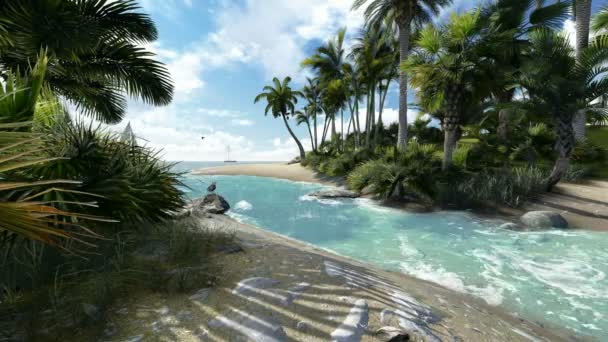 Plage de sable avec palmiers et voilier .
