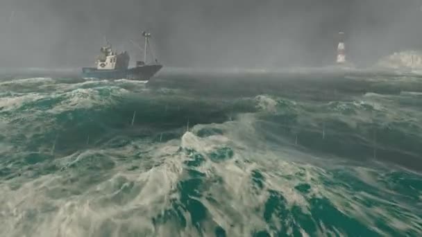 Vissersboot en vuurtoren in de storm — Stockvideo