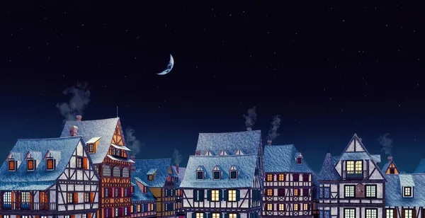 Плиточные Крыши Полудеревянных Европейских Домов Дымящимися Трубами Старом Уютном Городке — стоковое фото