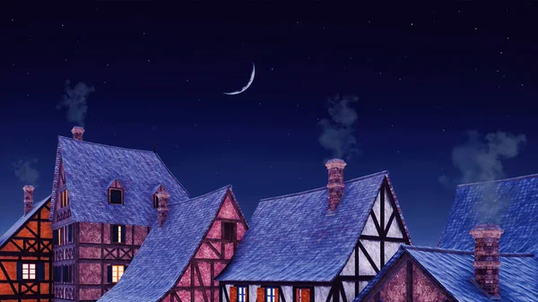 Плиточные Крыши Полудеревянных Европейских Домов Дымящимися Трубами Уютном Средневековом Городе — стоковое фото