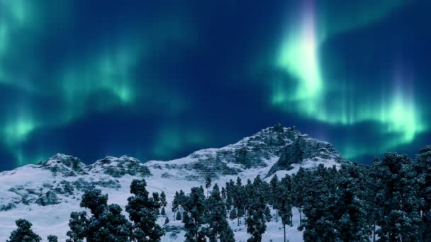 在极地的夜晚 北极光闪烁在雪原覆盖的高山上 这是一个戏剧性的夜晚 没有人北极冬季景观3D动画渲染在4K — 图库视频影像