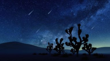 Desert landscape with Joshua tree silhouettes and fantastic night sky with Milky Way galaxy and falling stars or meteors. With no people natural background 3D illustration from my 3D rendering. clipart