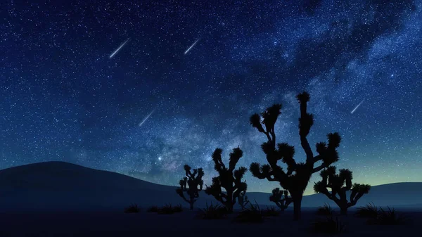 Τοπίο Ερήμου Σιλουέτες Δέντρων Του Joshua Και Φανταστικό Νυχτερινό Ουρανό — Φωτογραφία Αρχείου