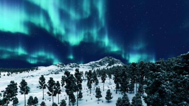Kuzey Işıkları 'nın olduğu dramatik gece gökyüzü Aurora Borealis kutup gecesinde ıssız karlarla kaplı dağların üzerinde parlıyor. Arktik kış manzarası olmayan 3D çizimimden 3D çizimler.