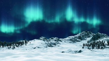 Kuzey Işıkları Aurora Borealis, kutup gecesinde, ıssız, karlı kış manzarasının üzerinde dramatik bir gece gökyüzünde parlıyor. İnsansız doğanın arka planı 3D çizimimden 3D çizim.