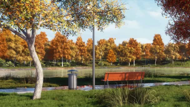 静谧的秋天风景在风景秀丽的城市公园里 在平静的湖岸上 长椅空荡荡地走在人行道上 树叶从郁郁葱葱的五彩缤纷的秋树上飘落 没有人用4K渲染3D动画 — 图库视频影像