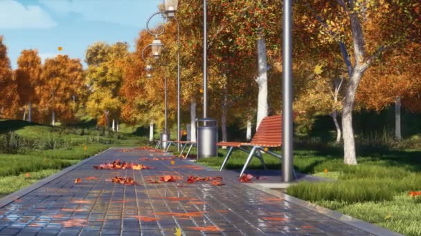 Şehir Parkında Sakin Bir Sonbahar Manzarası Asfalt Kaldırımda Boş Bir — Stok video