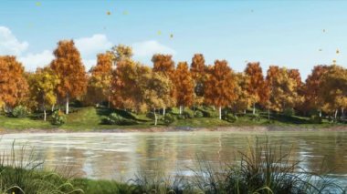 Sakin orman gölü kıyısında düşen yapraklar ve gür renkli ağaçlarla panoramik sonbahar manzarası ya da güneşli huzurlu sonbahar gününde gölet. Hiç insan olmadan 4K 'da yapılmış 3D animasyon