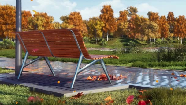 Peaceful Autumnal Scenery Close Empty Bench Leaves Falling Lush Colorful — Stock Video